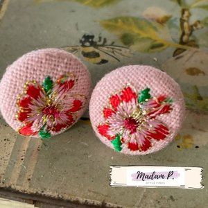 Fabric Floral Button Earrings